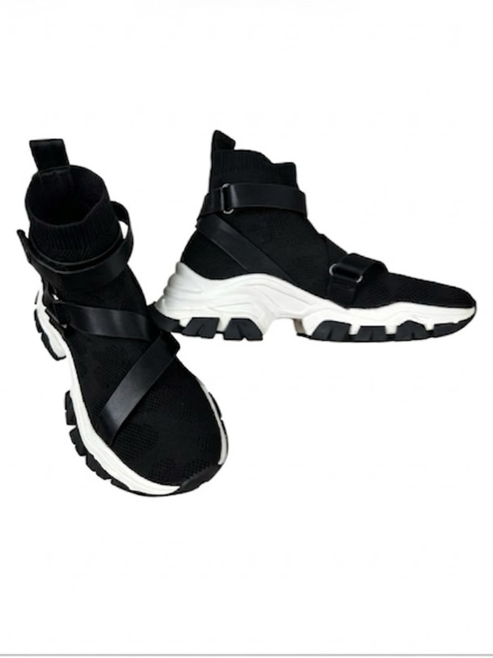 JLO Jennifer Lopez Womenโs Black & White Cement Strappy Sock Sneaker Booties 7